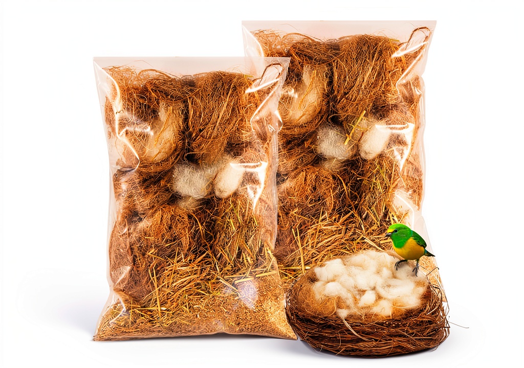 LY-Nests bird nesting material blend displayed in a bird cage