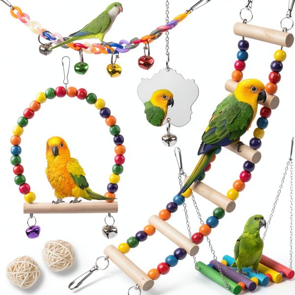 JINJINANV Bird Swing Natural Wood Parakeet Toys Safe Play-0