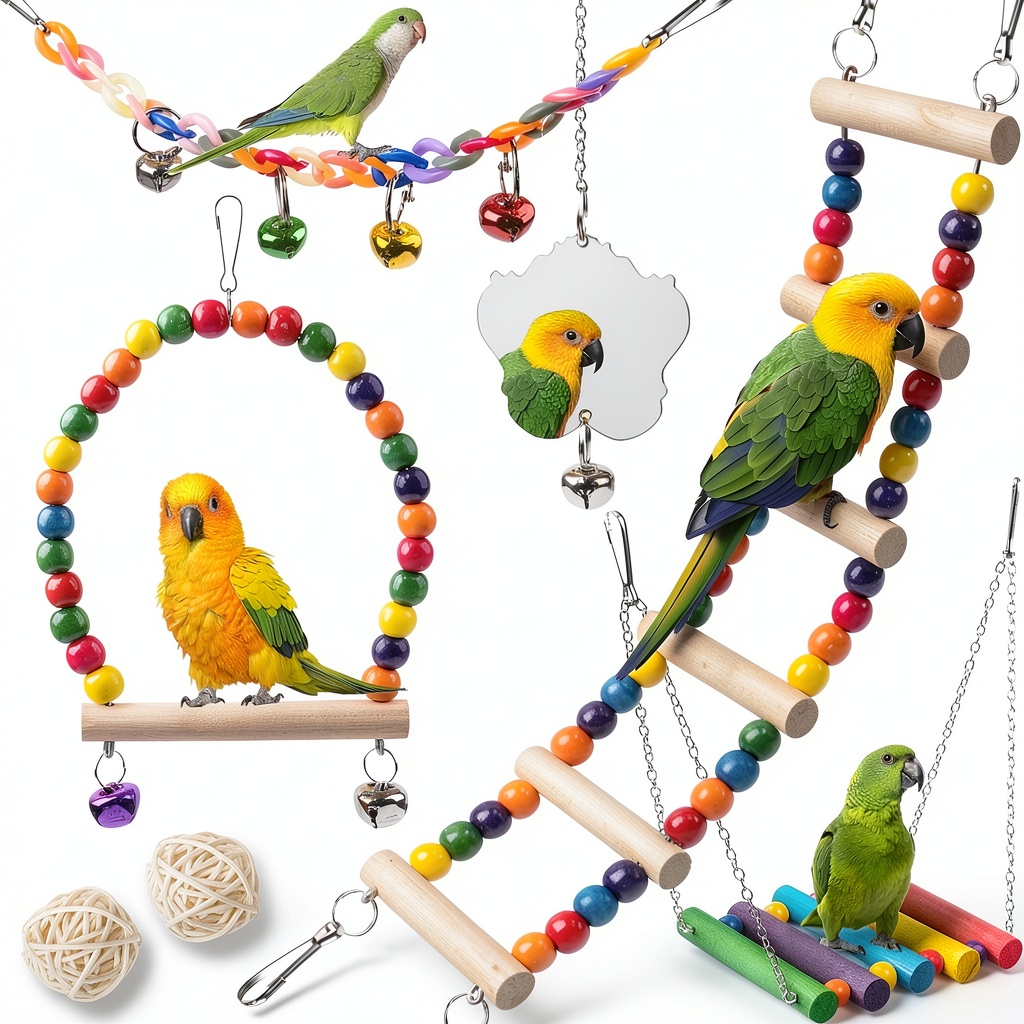 JINJINANV bird swing installed in a cage with a parakeet playing