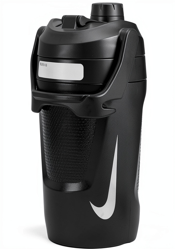 Nike reusable water bottle in black and white colors on a gym bench